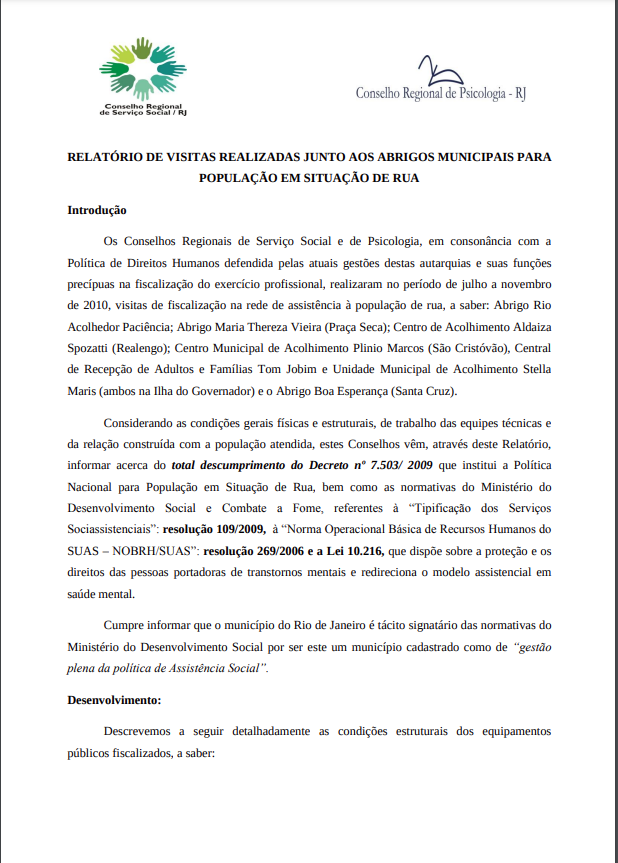 Relatório de Visitas Realizadas Junto aos Abrigos Municipais Para População em Situação de Rua